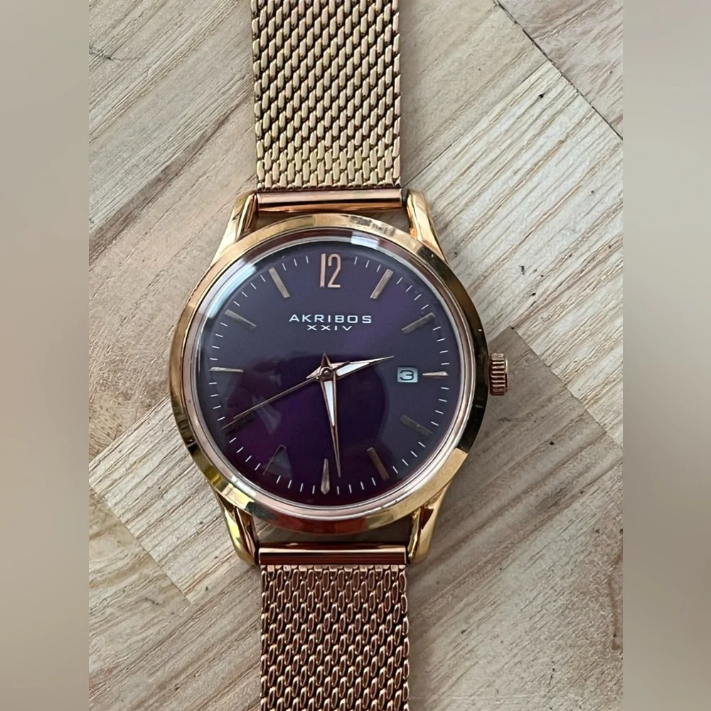 AKRIBOS XXIV Ladies Watch Rose Gold Mesh Bracelet Purple Dial Date Window